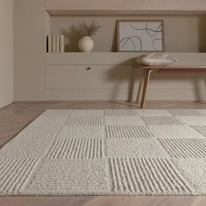 Zennith Modern Plain Subtle Geometric Grid Hand-Woven Hi-Lo Textured Boucle Low Profile Wool Loop Pile Cream Rug