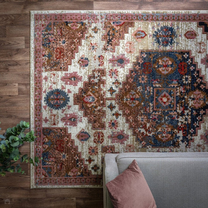 Zola Aras Traditional Persian Medallion Border Hi-Low Textured Cream/Brown/Pink/Blue/Multicolour Rug-Asiatic Carpets-Rug Love - The Most Loved Rug Store