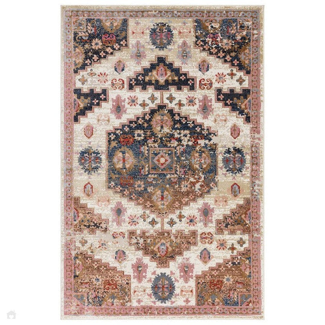 Zola Aras Traditional Persian Medallion Border Hi-Low Textured Cream/Brown/Pink/Blue/Multicolour Rug-Asiatic Carpets-Rug Love - The Most Loved Rug Store