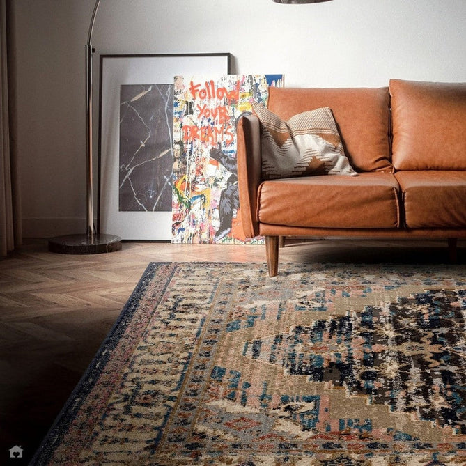 Zola Razan Traditional Persian Vintage Distressed Medallion Border Hi-Low Textured Charcoal/Pink/Beige/Grey/Cream/Multicolour Rug-Asiatic Carpets-Rug Love - The Most Loved Rug Store