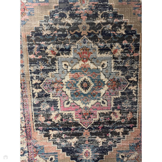 Zola Razan Traditional Persian Vintage Distressed Medallion Border Hi-Low Textured Charcoal/Pink/Beige/Grey/Cream/Multicolour Rug-Asiatic Carpets-Rug Love - The Most Loved Rug Store