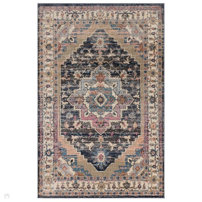 Zola Razan Traditional Persian Vintage Distressed Medallion Border Hi-Low Textured Charcoal/Pink/Beige/Grey/Cream/Multicolour Rug-Asiatic Carpets-Rug Love - The Most Loved Rug Store