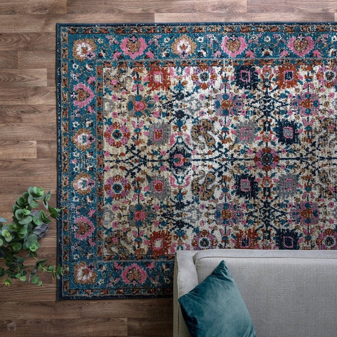 Zola Sarab Traditional Persian Ornate Floral Border Hi-Low Textured Blue/Pink/Cream/Beige/Brown/Multicolour Rug-Asiatic Carpets-Rug Love - The Most Loved Rug Store