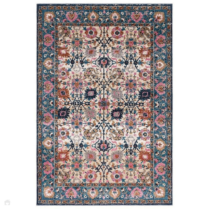 Zola Sarab Traditional Persian Ornate Floral Border Hi-Low Textured Blue/Pink/Cream/Beige/Brown/Multicolour Rug-Asiatic Carpets-Rug Love - The Most Loved Rug Store