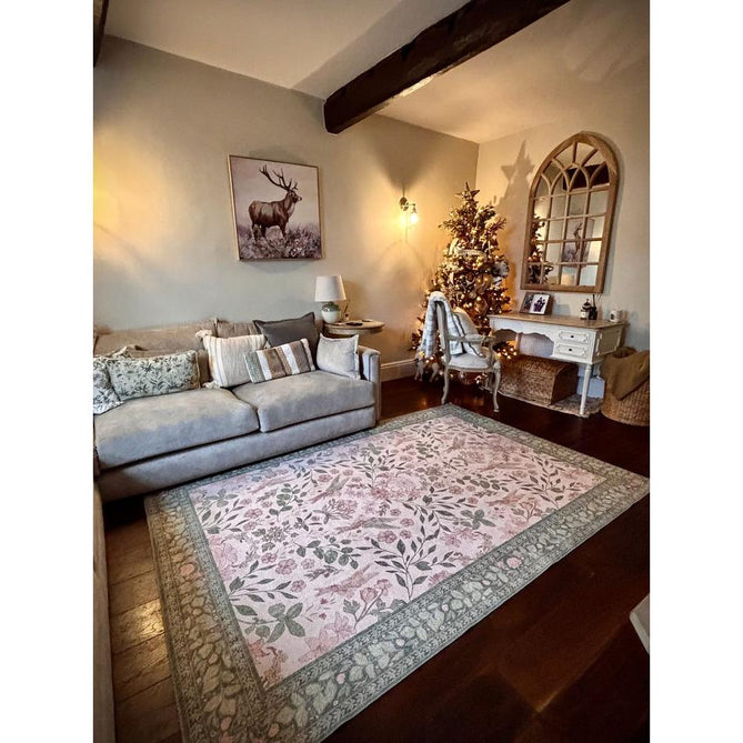 Washable Versailles H1423 Traditional Floral Border Distressed Soft Digitally Printed Lightweight Textured Polyester Flatweave Light Beige/Sage Green/Warm Rose Rug