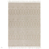 Asra Modern Boho Geometric Hand-Woven Textured Hi-Low Ribbed Bobbled Wool Fringe Flatweave Cream/Beige Rug