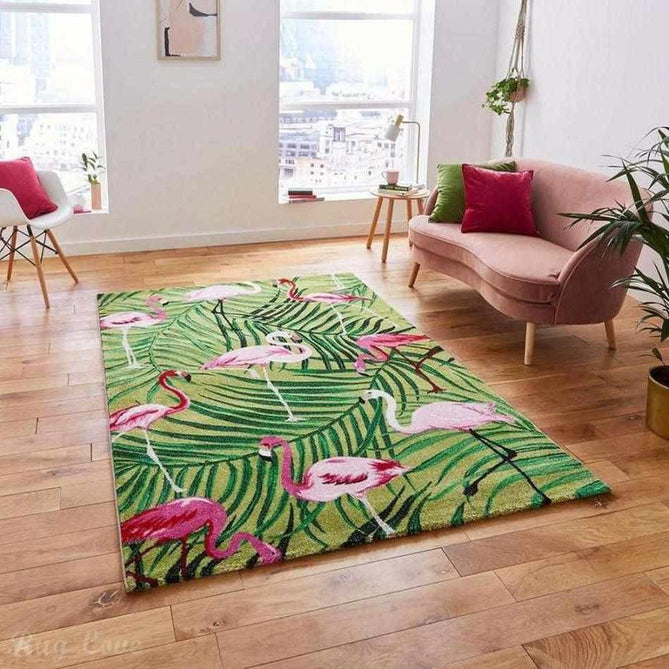 Havana 2349 Modern Floral Flamingo Textured Soft Durable Easy-Care Polypropylene Short-Pile Green/Pink Rug-Think Rugs-Rug Love - The Most Loved Rug Store