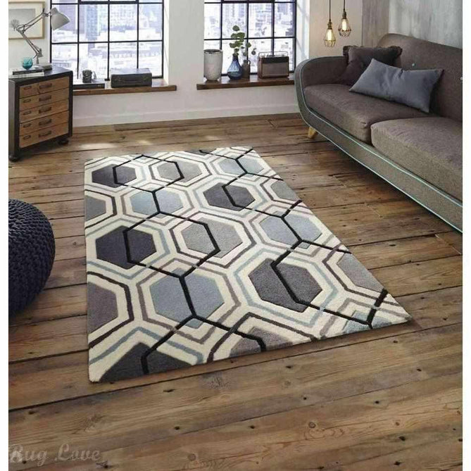 Hong Kong HK7526 Modern Geometric Hand-Tufted Soft Textured Hi-Lo Acrylic Grey/Blue/Ivory Rug-Think Rugs-Rug Love - The Most Loved Rug Store