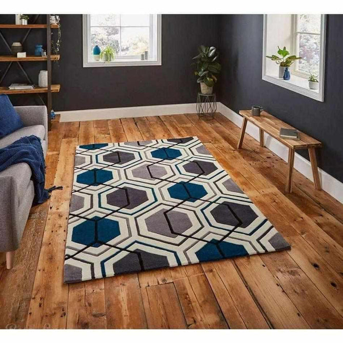 Hong Kong HK7526 Modern Geometric Hand-Tufted Soft Textured Hi-Lo Acrylic Grey/Navy/Ivory Rug-Think Rugs-Rug Love - The Most Loved Rug Store