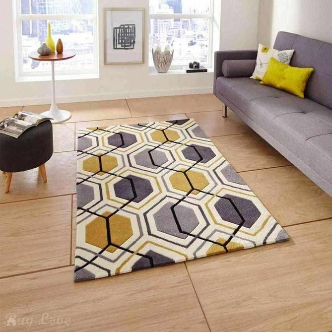 Hong Kong HK7526 Modern Geometric Hand-Tufted Soft Textured Hi-Lo Acrylic Ivory/Yellow/Charcoal Grey Rug-Think Rugs-Rug Love - The Most Loved Rug Store