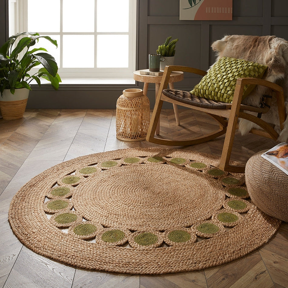 On Sale Prestwich Braided Jute Natural/Olive Green Round Rug Lowest Price  £99 At Rug Love