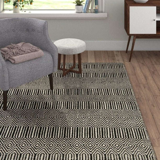 Sloan Modern Duo-Tone Geometric Diamond Hand-Woven Soft-Touch Durable Textured Wool & Cotton Blend Flatweave Black/Cream Rug-Asiatic Carpets-Rug Love - The Most Loved Rug Store