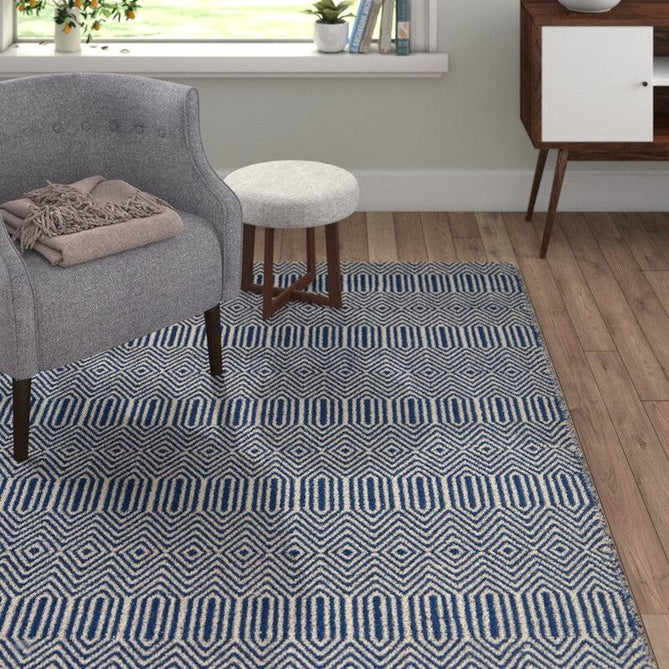 Sloan Modern Duo-Tone Geometric Diamond Hand-Woven Soft-Touch Durable Textured Wool & Cotton Blend Flatweave Blue/Cream Rug-Asiatic Carpets-Rug Love - The Most Loved Rug Store